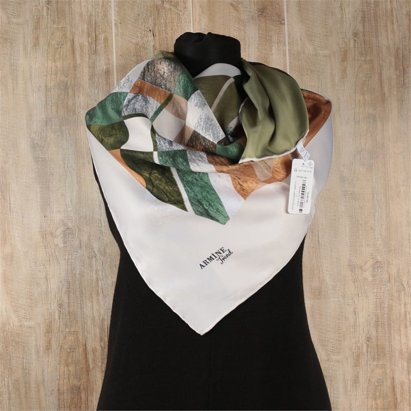 Armine Trend Rayon Eşarp - Geometrik Desen - Krem/Haki Yeşil - 12900P 11 - Tivil