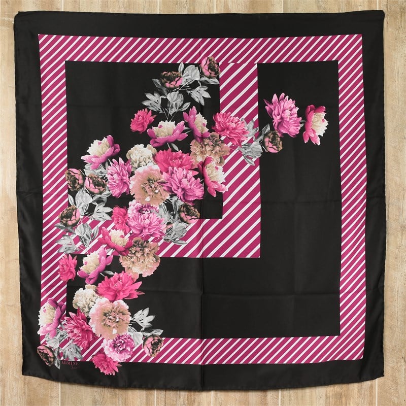 Armine Trend Rayon Poly. Eşarp - Çizgili Çiçek Desen - Siyah - Pembe - 12854-6