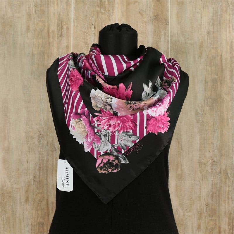 Armine Trend Rayon Poly. Eşarp - Çizgili Çiçek Desen - Siyah - Pembe - 12854-6