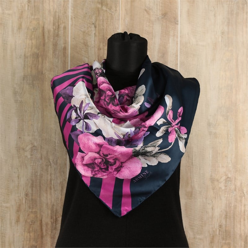 Armine Trend Rayon Poly. Eşarp - Zebra Çizgili Çiçek Desen - Lacivert - Fuşya - 12868-16 - Sura