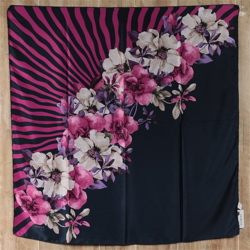 Armine Trend Rayon Poly. Eşarp - Zebra Çizgili Çiçek Desen - Lacivert - Fuşya - 12868-16 - Sura