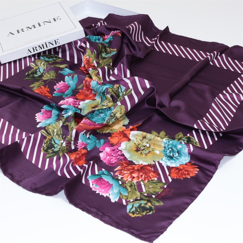 Armine Trend Rayon Poly. Eşarp - Çizgili Çiçek Desen - Mor - 12854-12