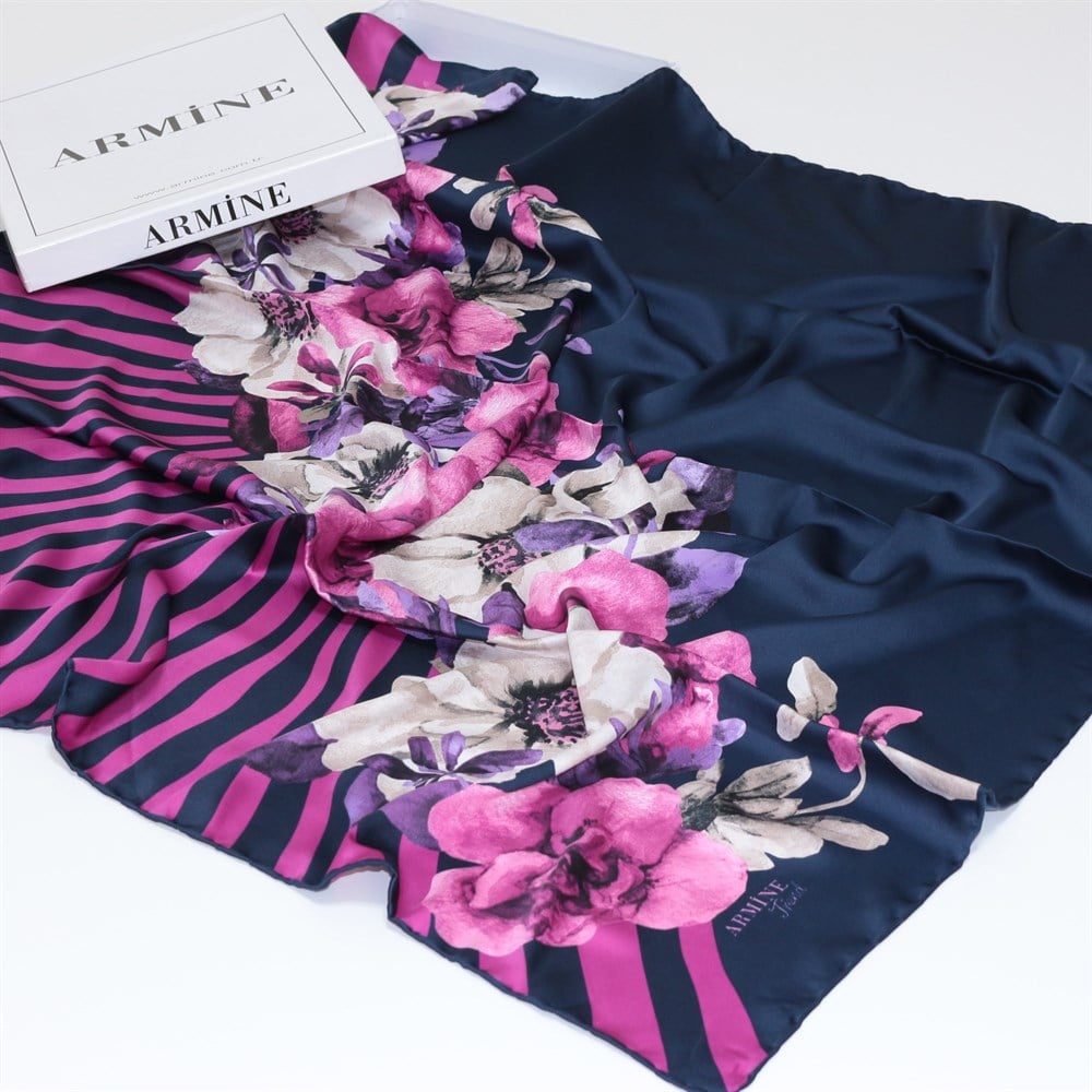 Armine Trend Rayon Poly. Eşarp - Zebra Çizgili Çiçek Desen - Lacivert - Fuşya - 12868-16 - Sura