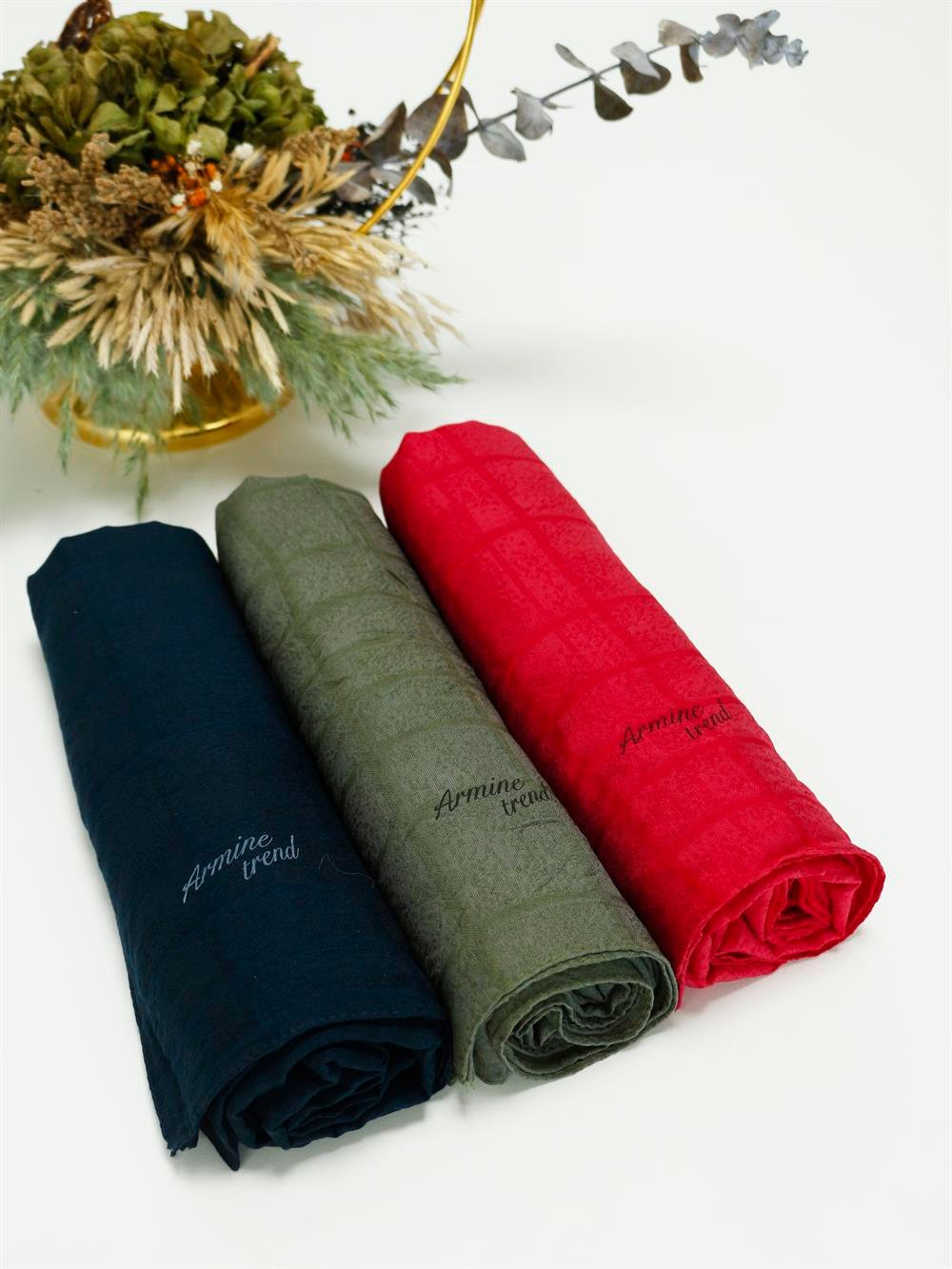 Armine Trend Star Şal - 3'lü Set - Laci, Haki, Kırmızı - ATSSTR-566-569-3494