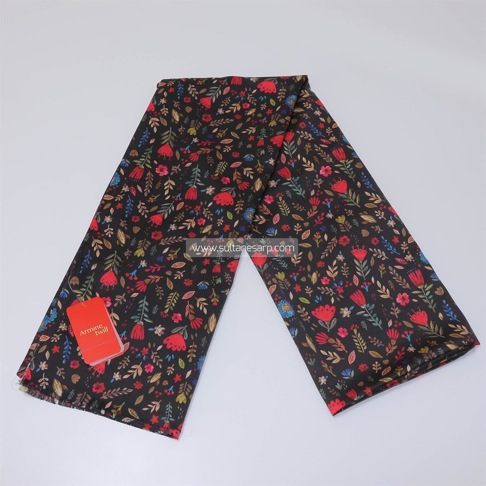Armine Twill Şal - Çiçek Motifli  - 5601D 2 - Siyah Zemin