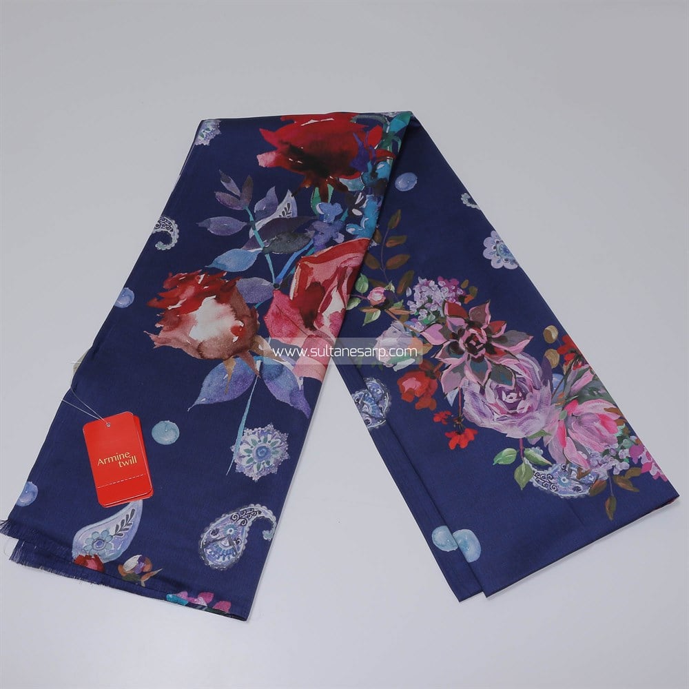Armine Twill Şal - Gül Buketi Deseni - 5600D 15 - Saks Kareli Zemin