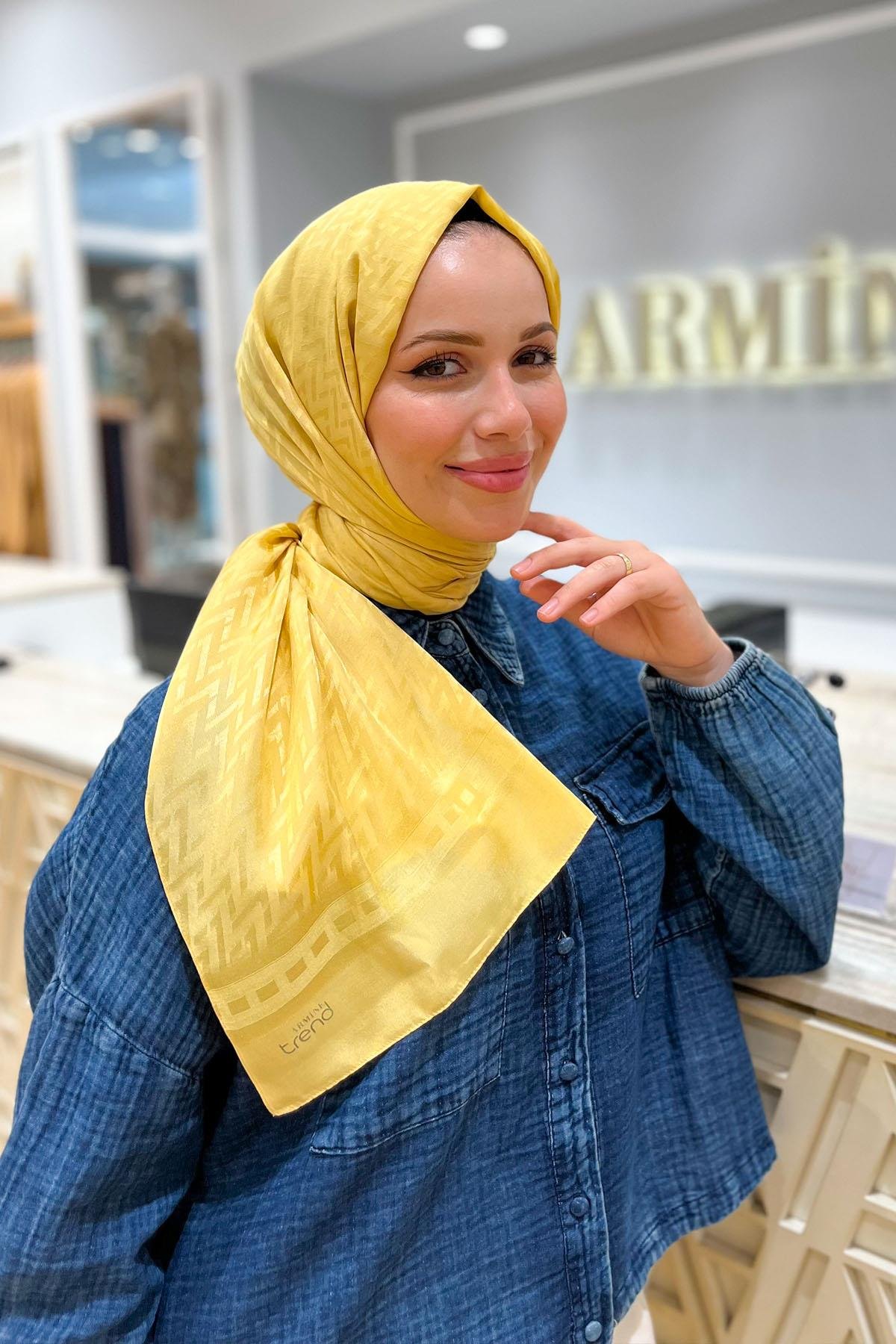 Armine Zikzak Desen, Pamuk Jakarlı, Diamond Şal - DIA7-4826 - Sarı