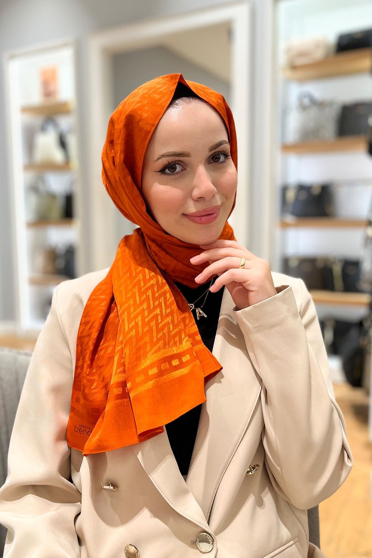 Armine Zikzak Desen, Pamuk Jakarlı, Diamond Şal - DIA7-4820 - Turuncu