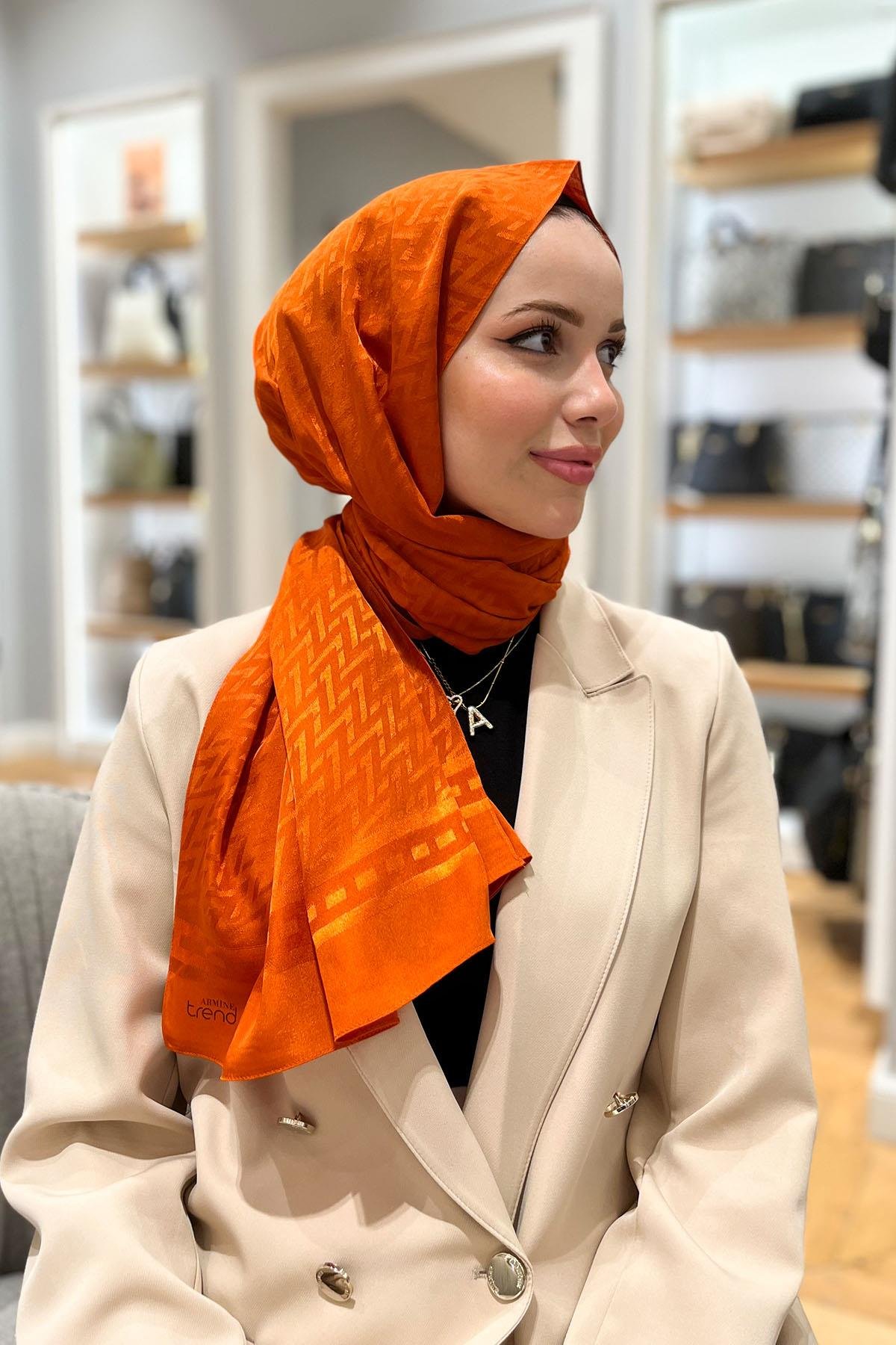 Armine Zikzak Desen, Pamuk Jakarlı, Diamond Şal - DIA7-4820 - Turuncu