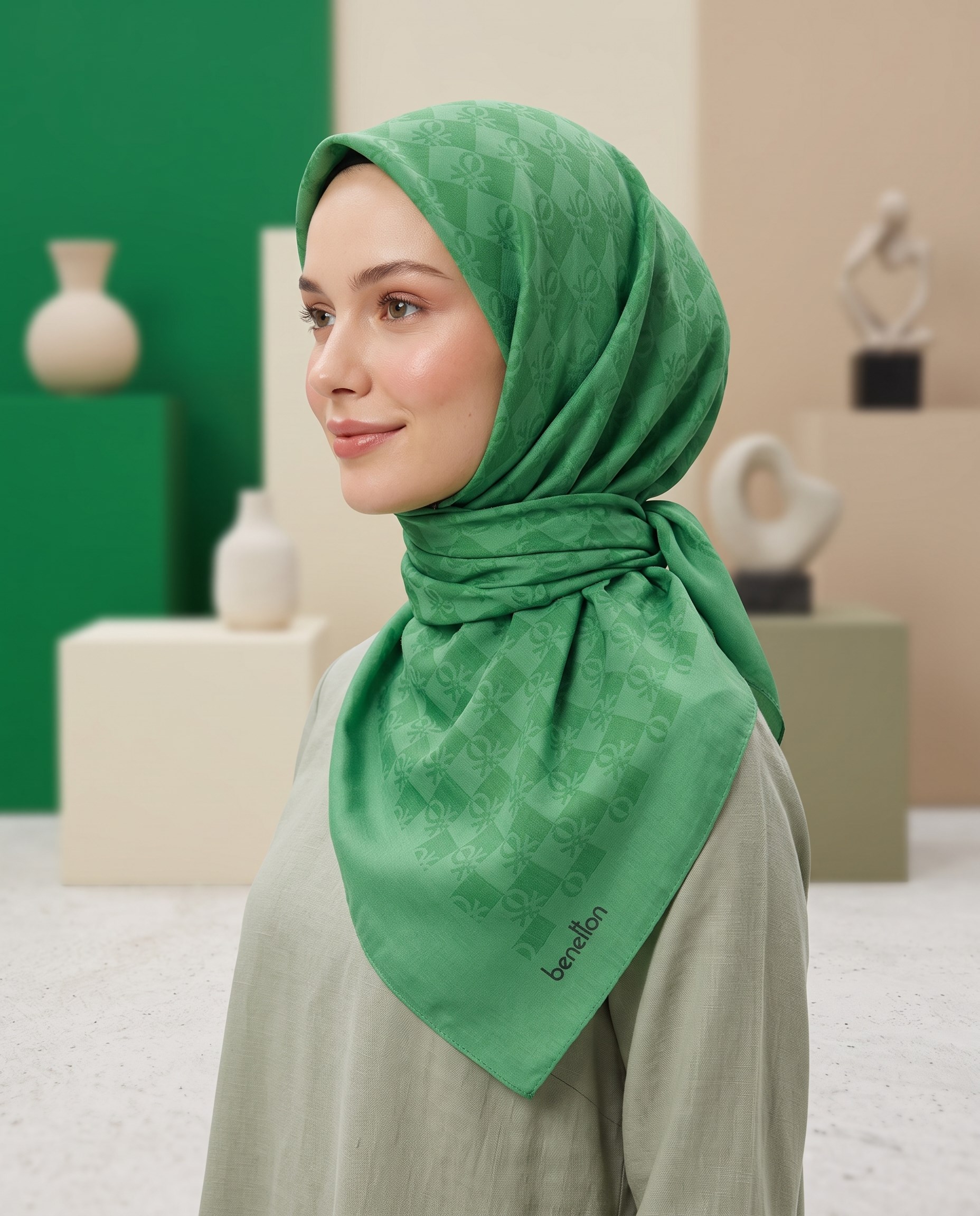 Benetton Monogram Eşarp - Elegante Tre - 1028-030 - Benetton Yeşili