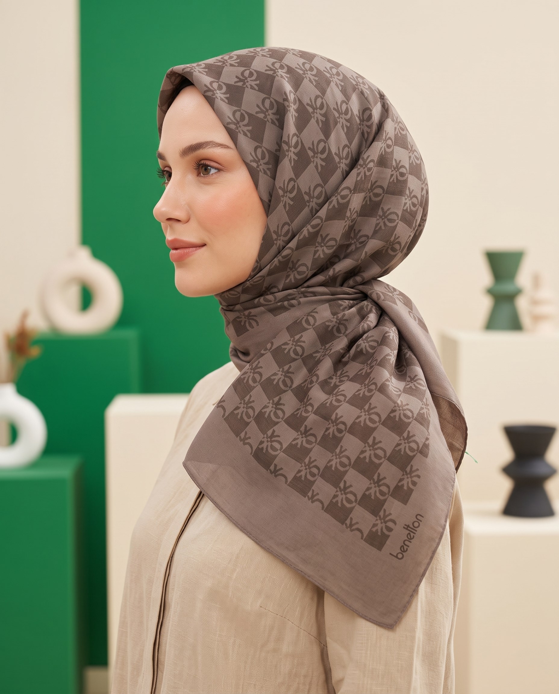 Benetton Monogram Eşarp - Elegante Tre - 1028-2817 - Kahve