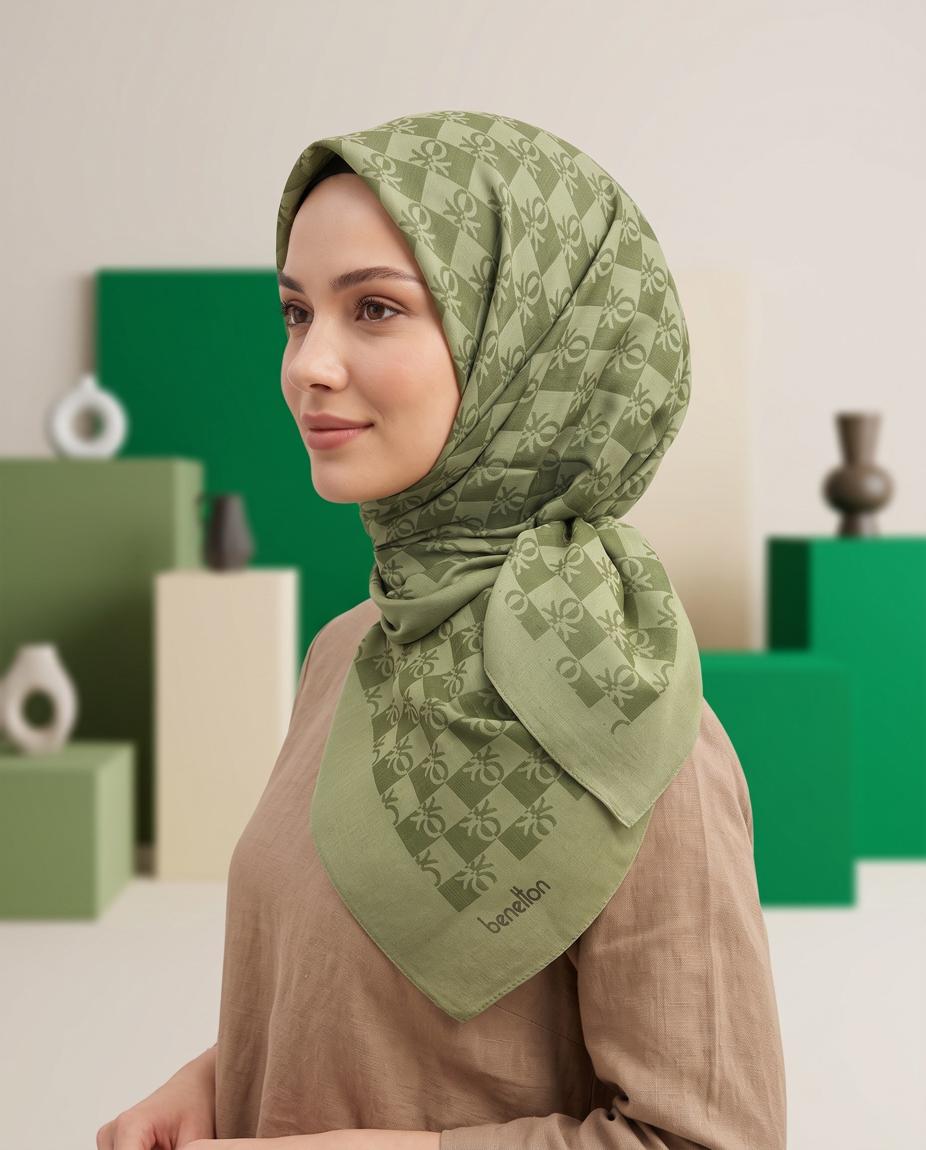 Benetton Monogram Eşarp - Elegante Tre - 1028-2803 - Haki