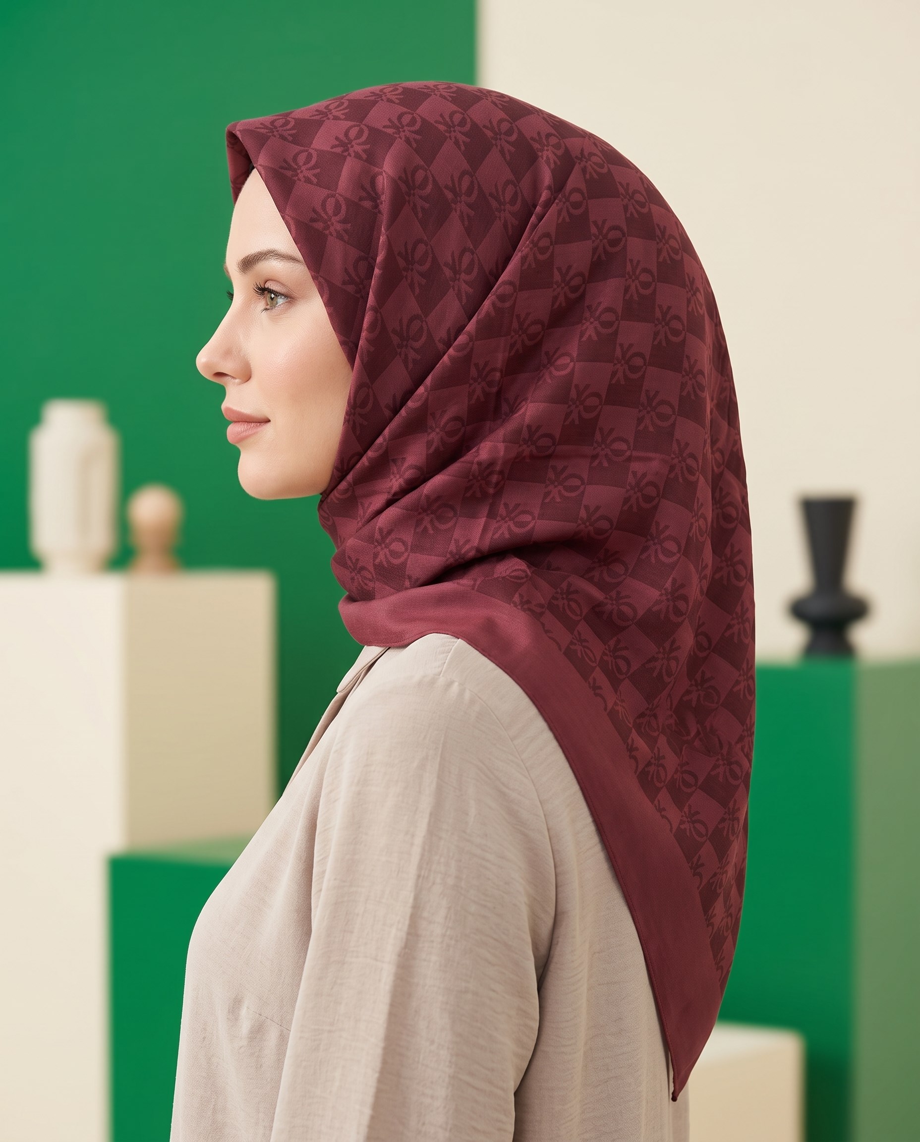 Benetton Monogram Eşarp - Elegante Tre - 1028-3439 - Koyu Bordo