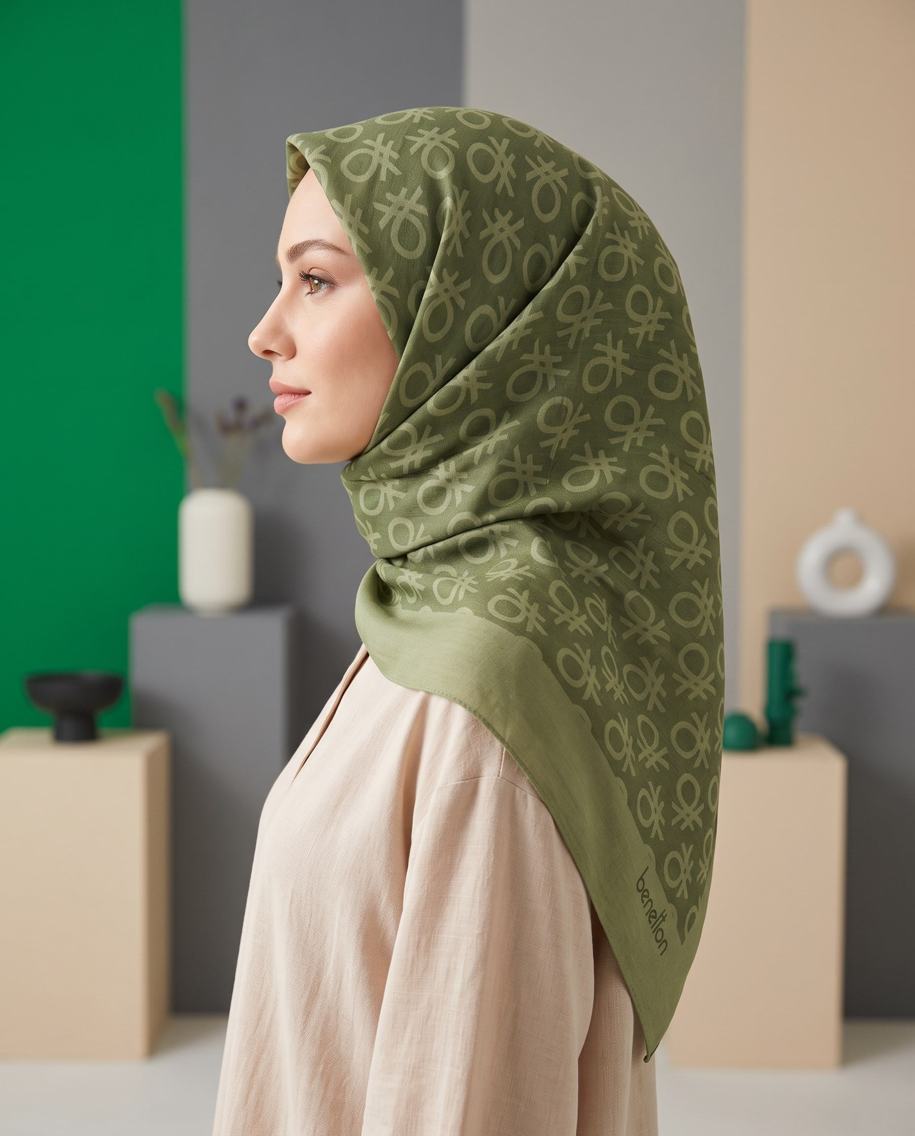 Benetton Monogram Eşarp - Elegante Uno - 1024-2803 - Haki