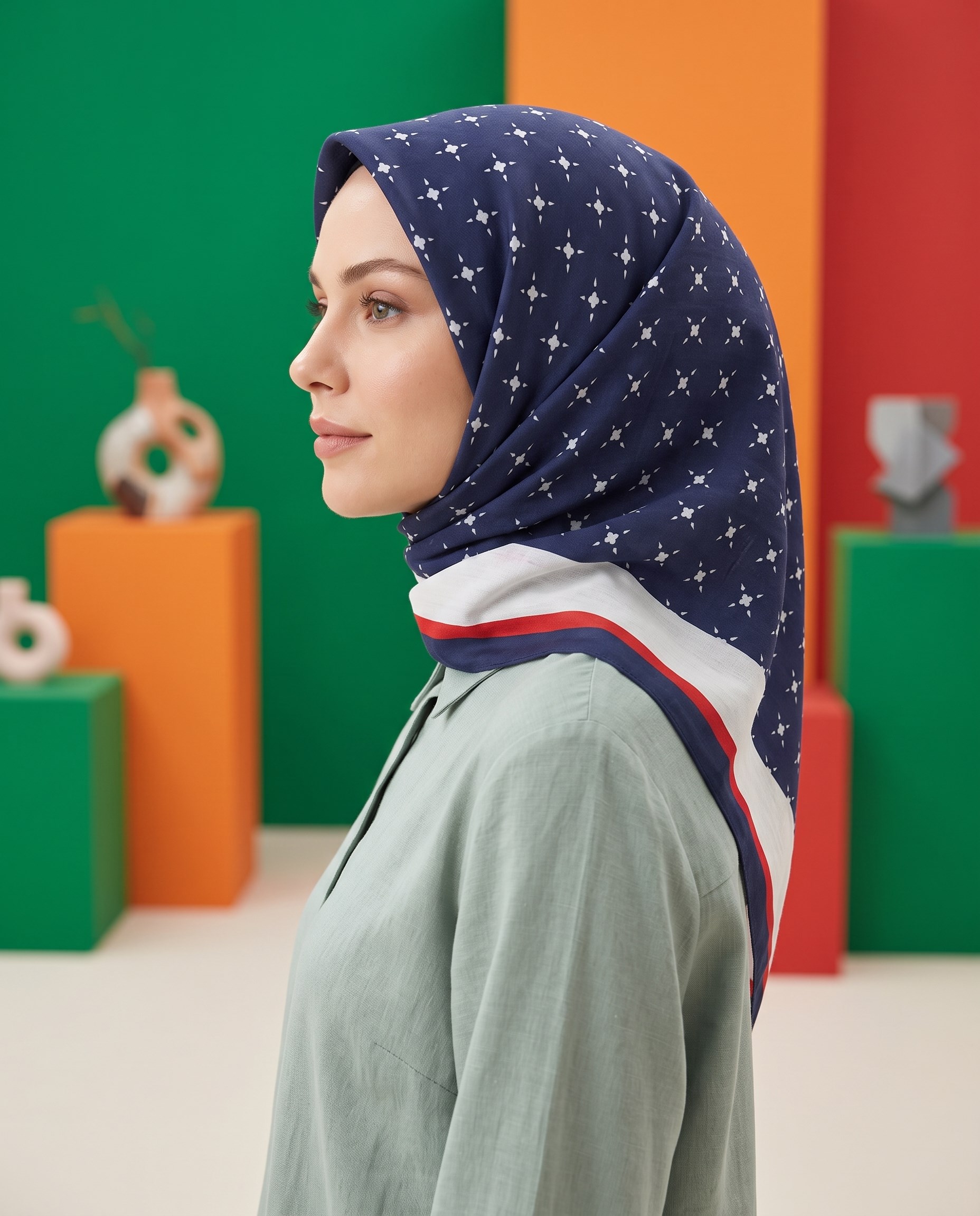 Benetton Viskon Eşarp - Siena - 1001-070 - Kırmızı, Lacivert
