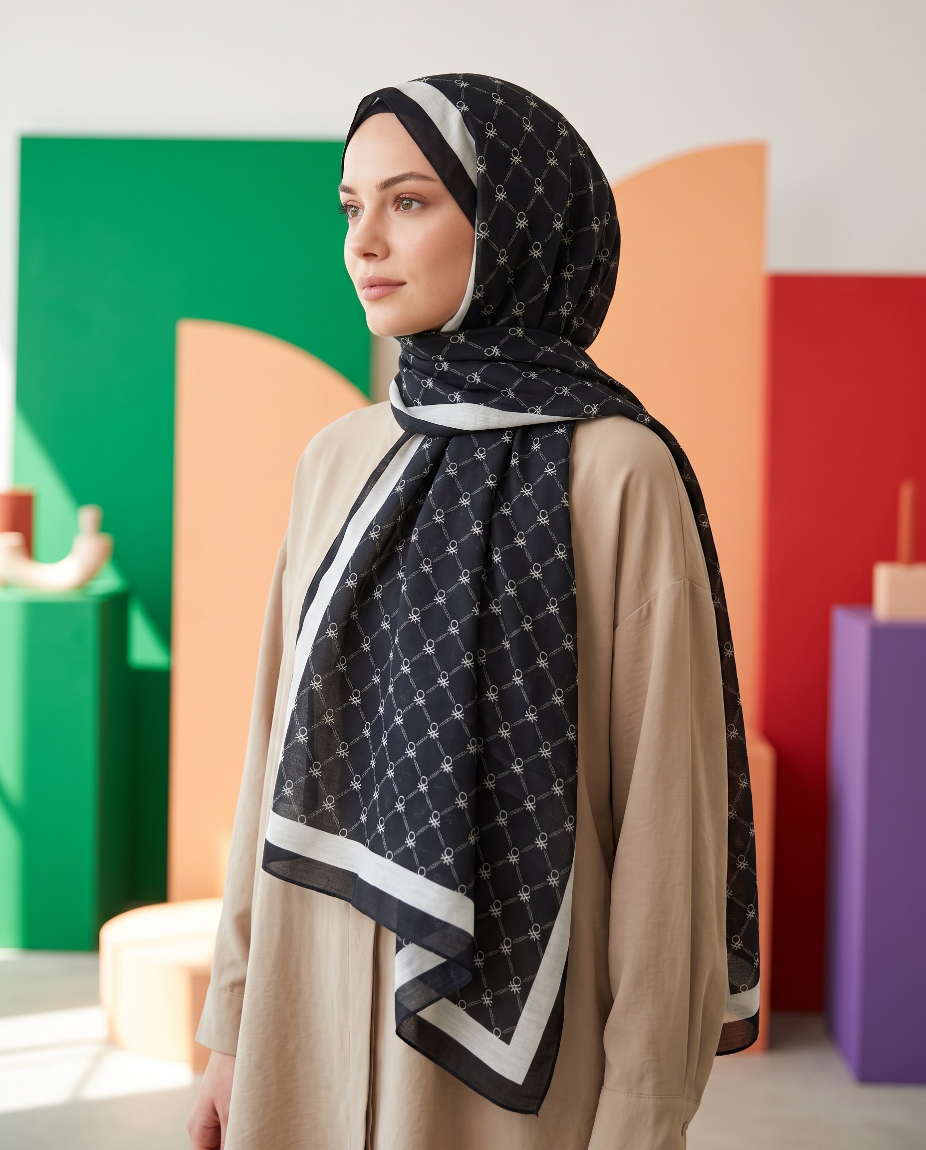 Benetton Viskon Şal - Fiore - 1041-002 - Siyah