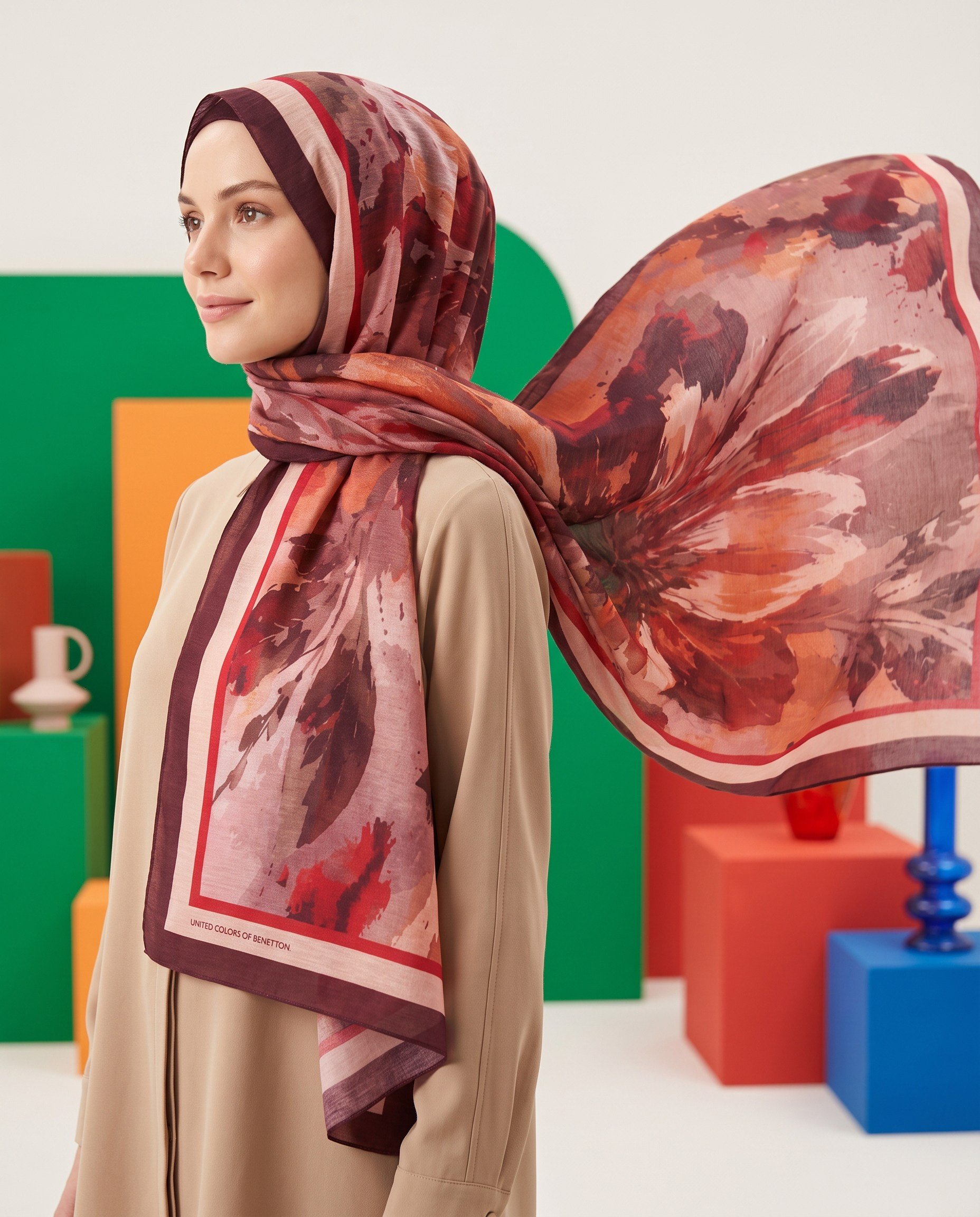 Benetton Viskon Şal - Fiore - 1043-022 - Bordo