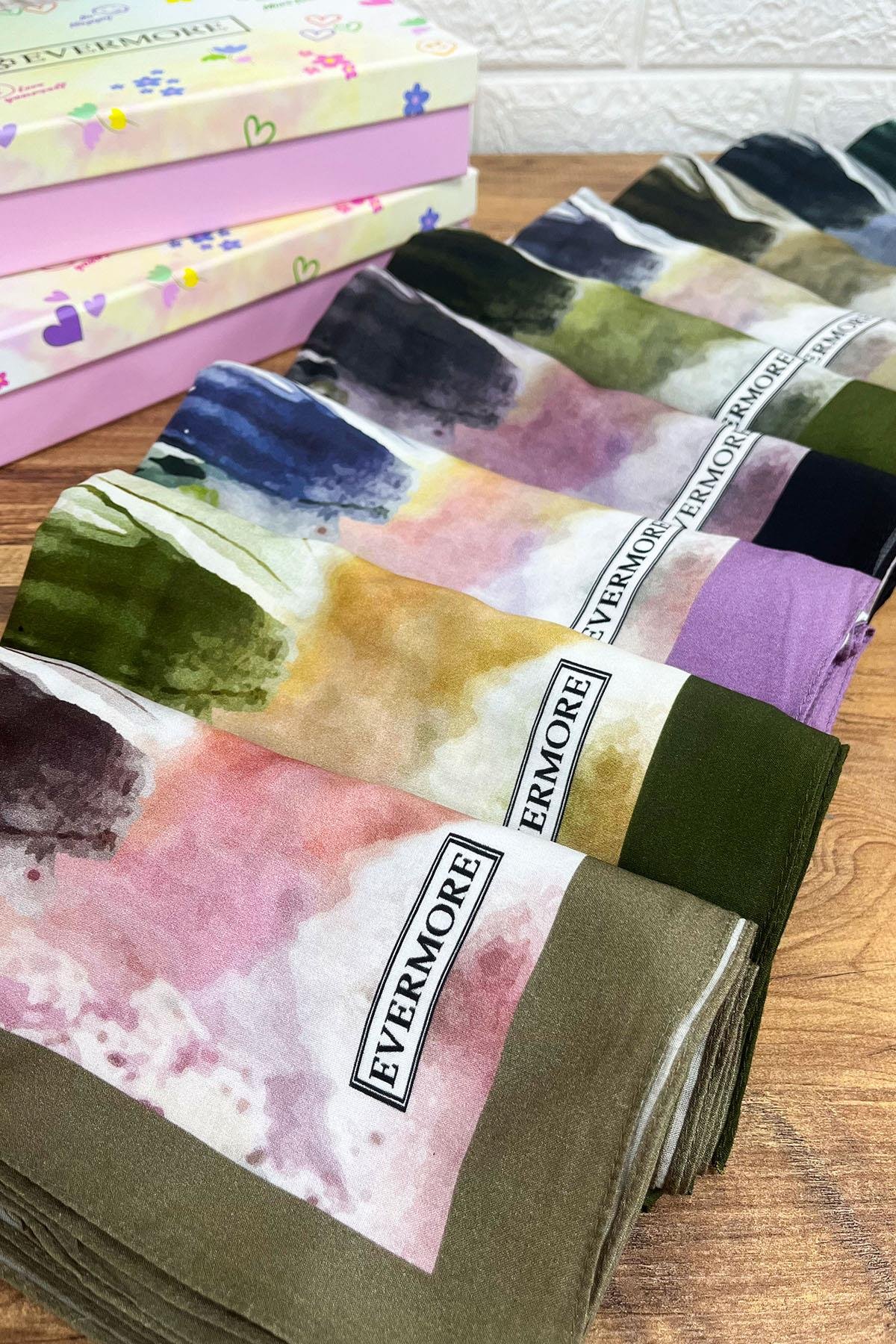 Evermore Elegance Şal - Ebru Desen - EM061-12 - Yeşil, Pembe, Mor