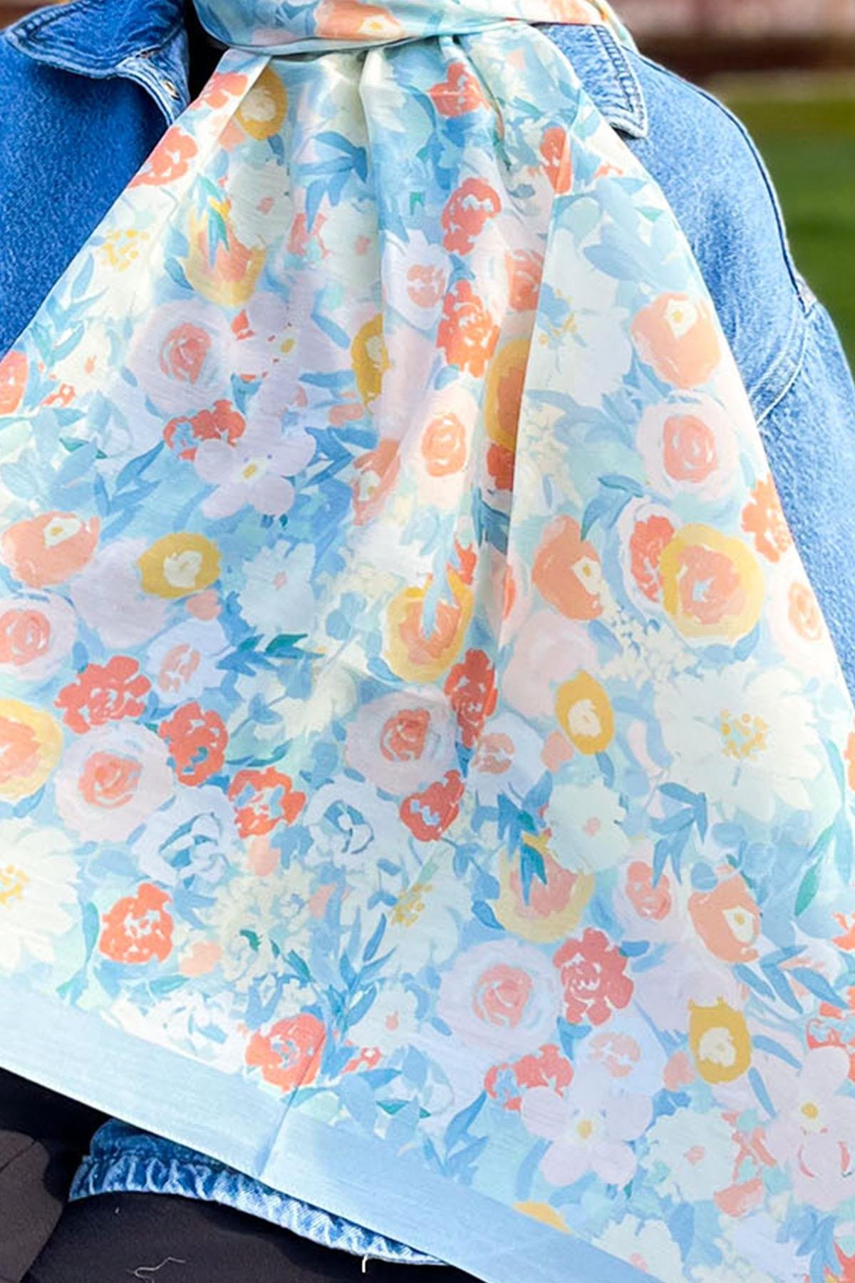 Evermore Elegance Şal - Rosa Desen - EM003-01 - Mavi, Pembe