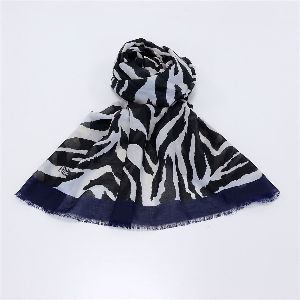 Eyfel Pamuklu Şal - EF07 - Zebra Desen - Lacivert Kenar