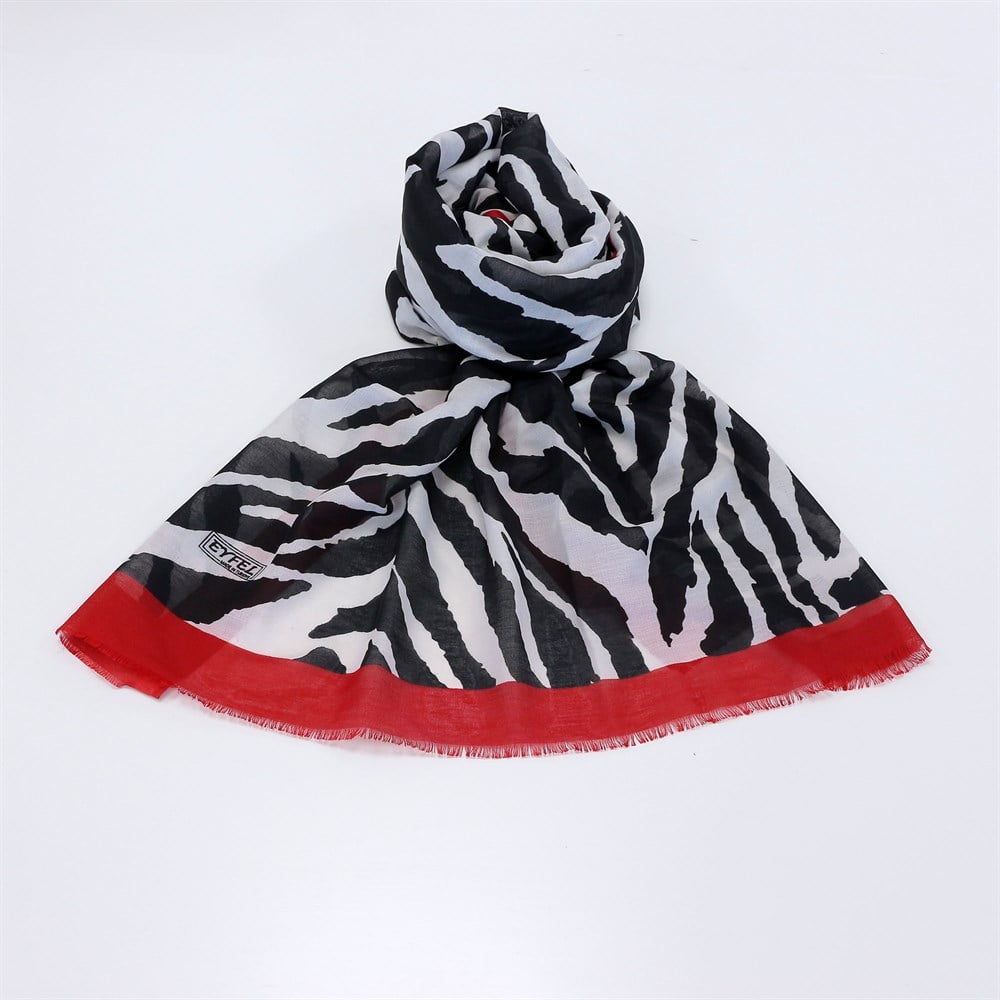 Eyfel Pamuklu Şal - EF07 - Zebra Desen - Kırmızı Kenar