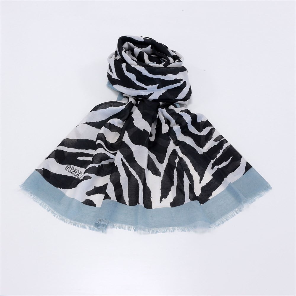 Eyfel Pamuklu Şal - EF07 - Zebra Desen - Mavi kenar