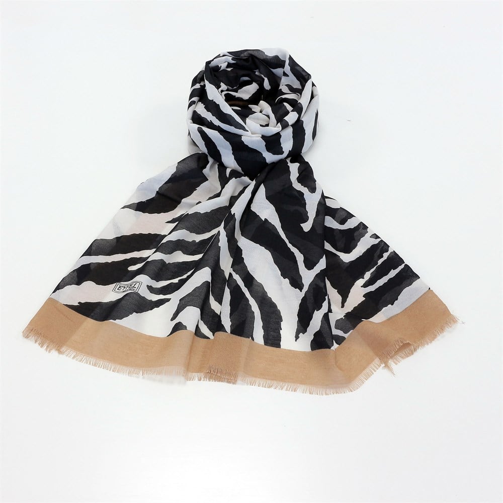 Eyfel Pamuklu Şal - EF07 - Zebra Desen - Camel Kenar