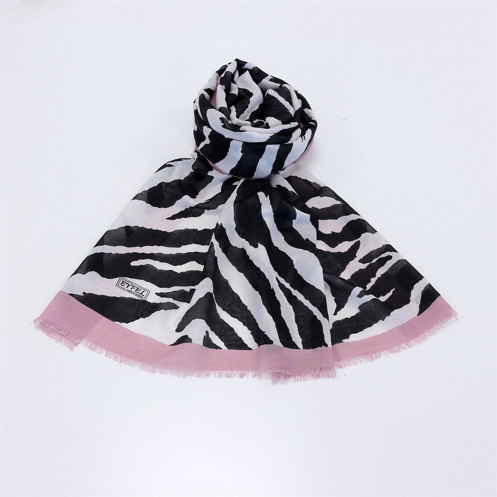 Eyfel Pamuklu Şal - EF07 - Zebra Desen - Pembe Kenar