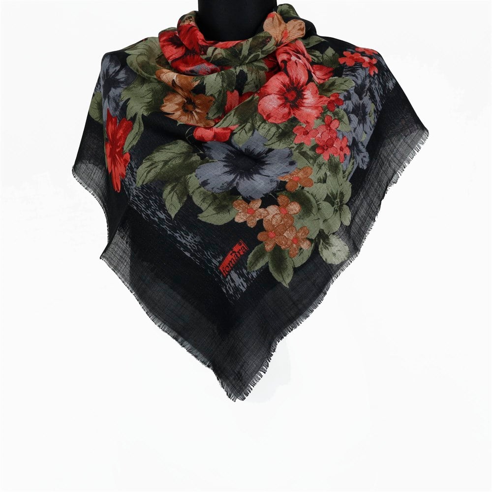 Vertu Bahar Çiçekleri Desenli Simli Flamlı Eşarp - 13 Siyah, Gri