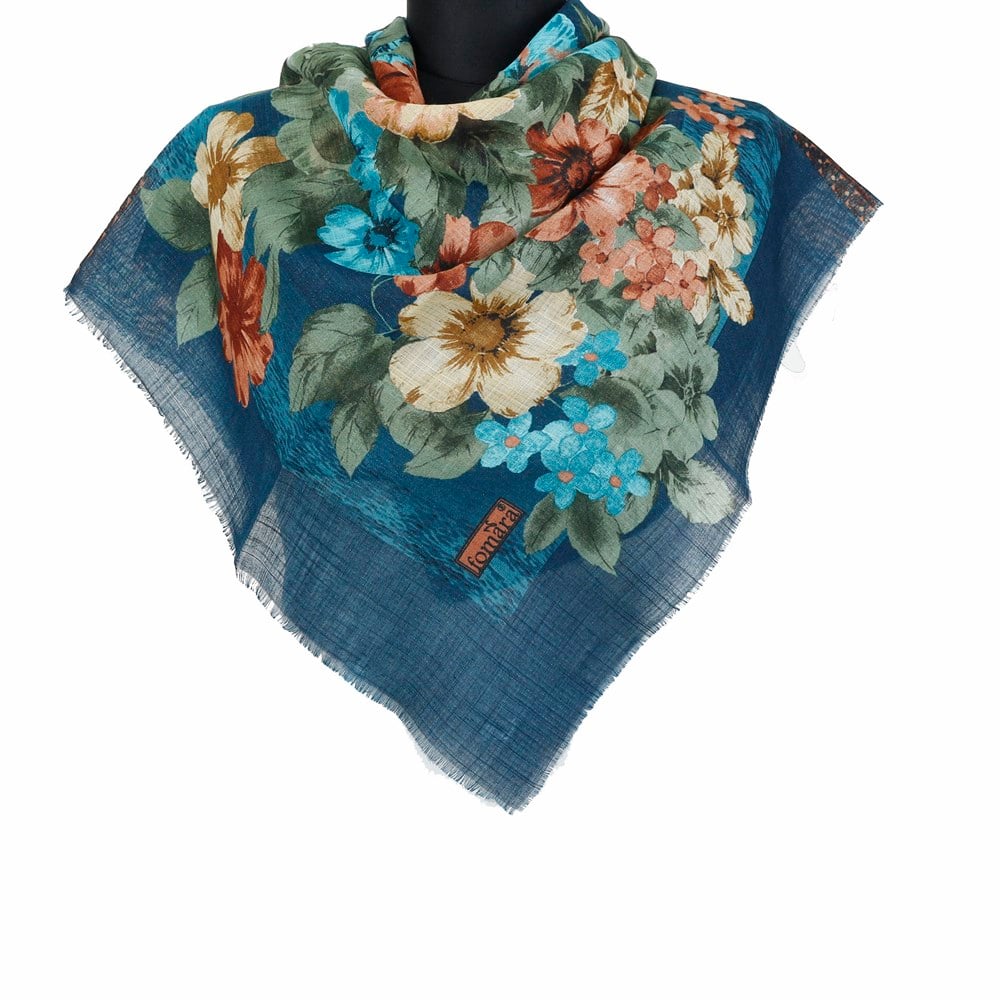Vertu Bahar Çiçekleri Desenli Simli Flamlı Eşarp - 11 Petrol