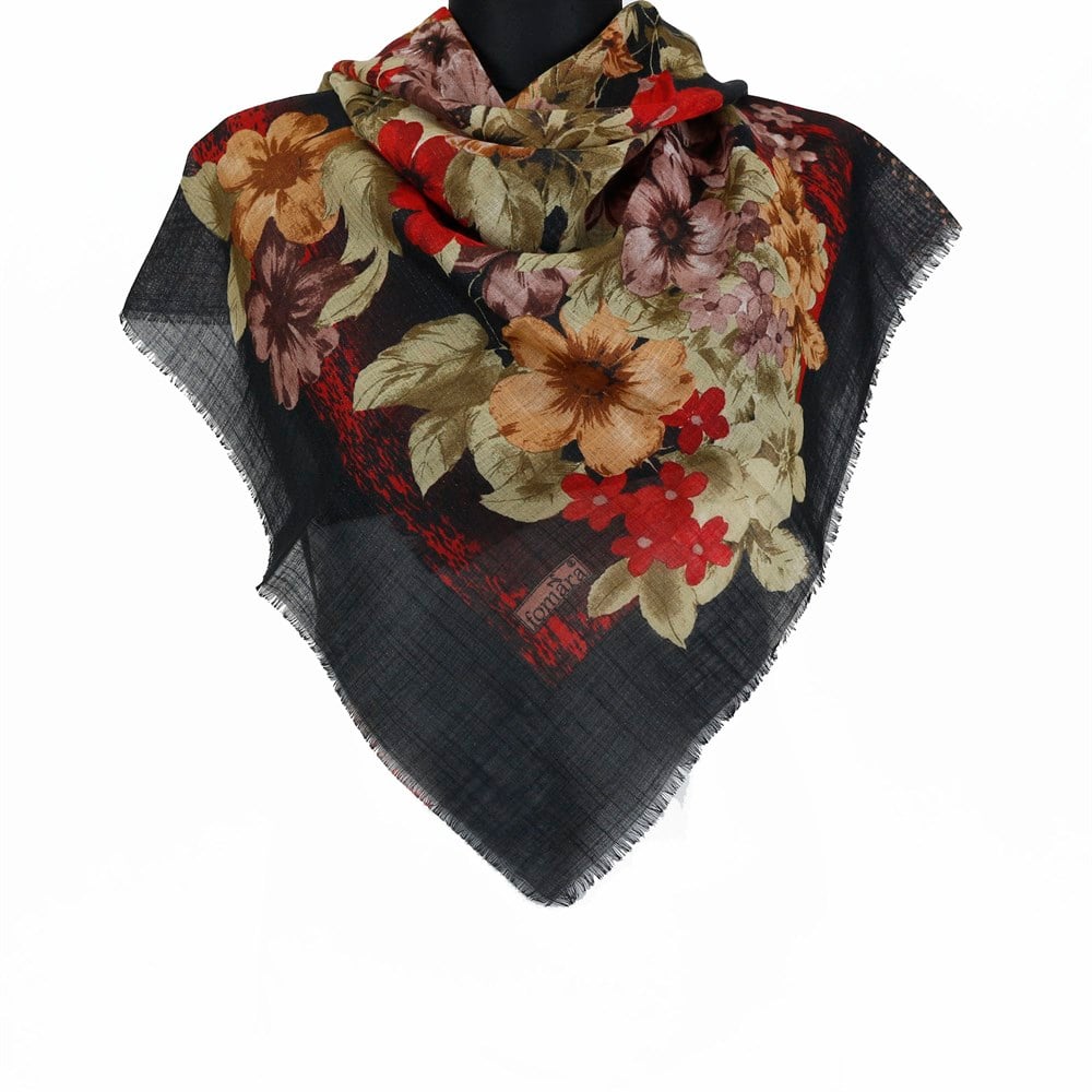 Vertu Bahar Çiçekleri Desenli Simli Flamlı Eşarp - 15 Siyah, Kırmızı