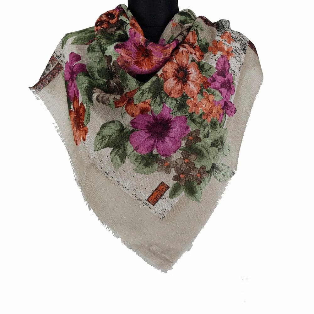 Fomara Bahar Çiçekleri Desenli Simli Flamlı Eşarp - 07 Bej