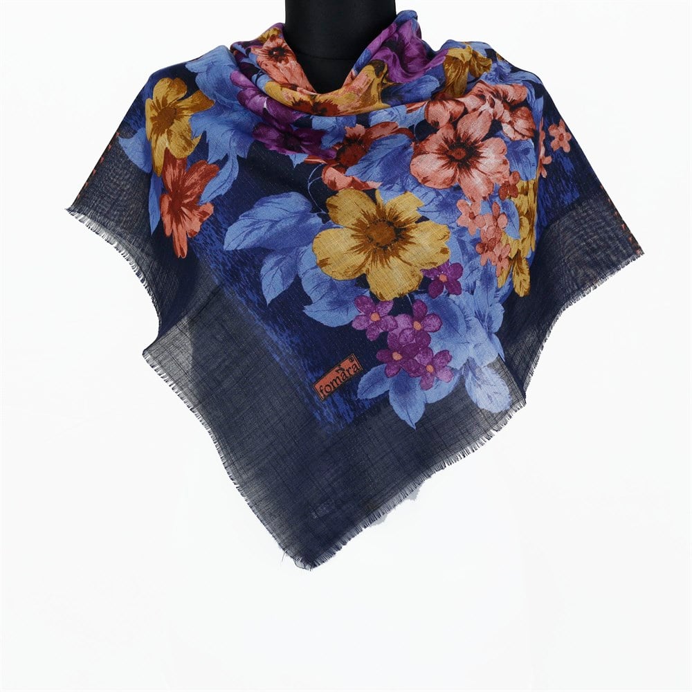 Vertu Bahar Çiçekleri Desenli Simli Flamlı Eşarp - 09 Lacivert