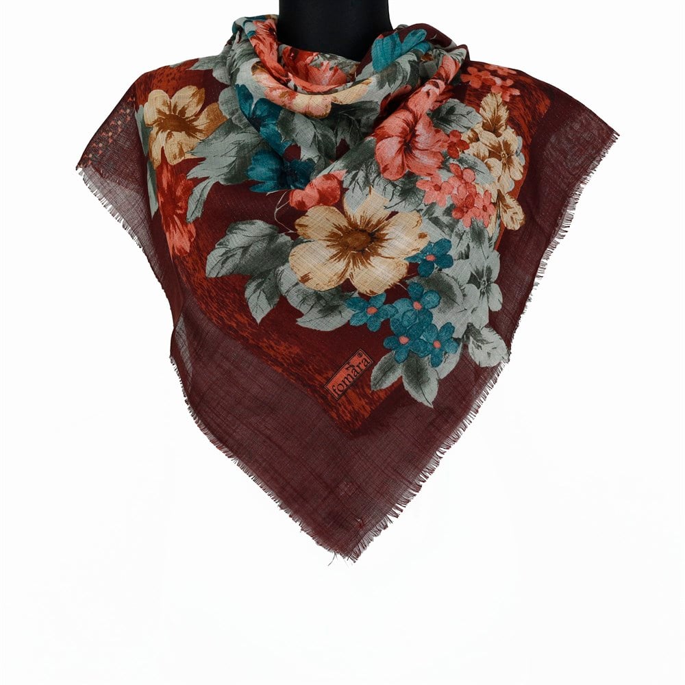 Vertu Bahar Çiçekleri Desenli Simli Flamlı Eşarp - 14 Bordo