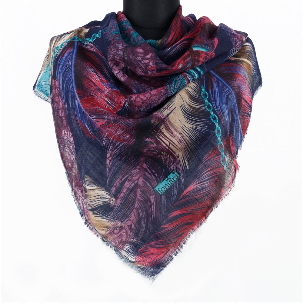 Fomara Renkli Tüy Desen Flamlı Eşarp - 08 Lacivert, Turkuaz