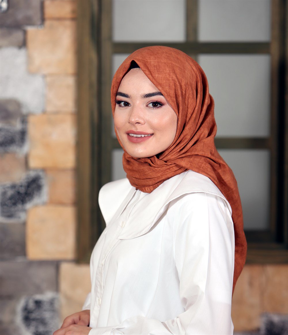 İpek Sultan Taşlanmış Pamuk Eşarp - 04 - Tarçın