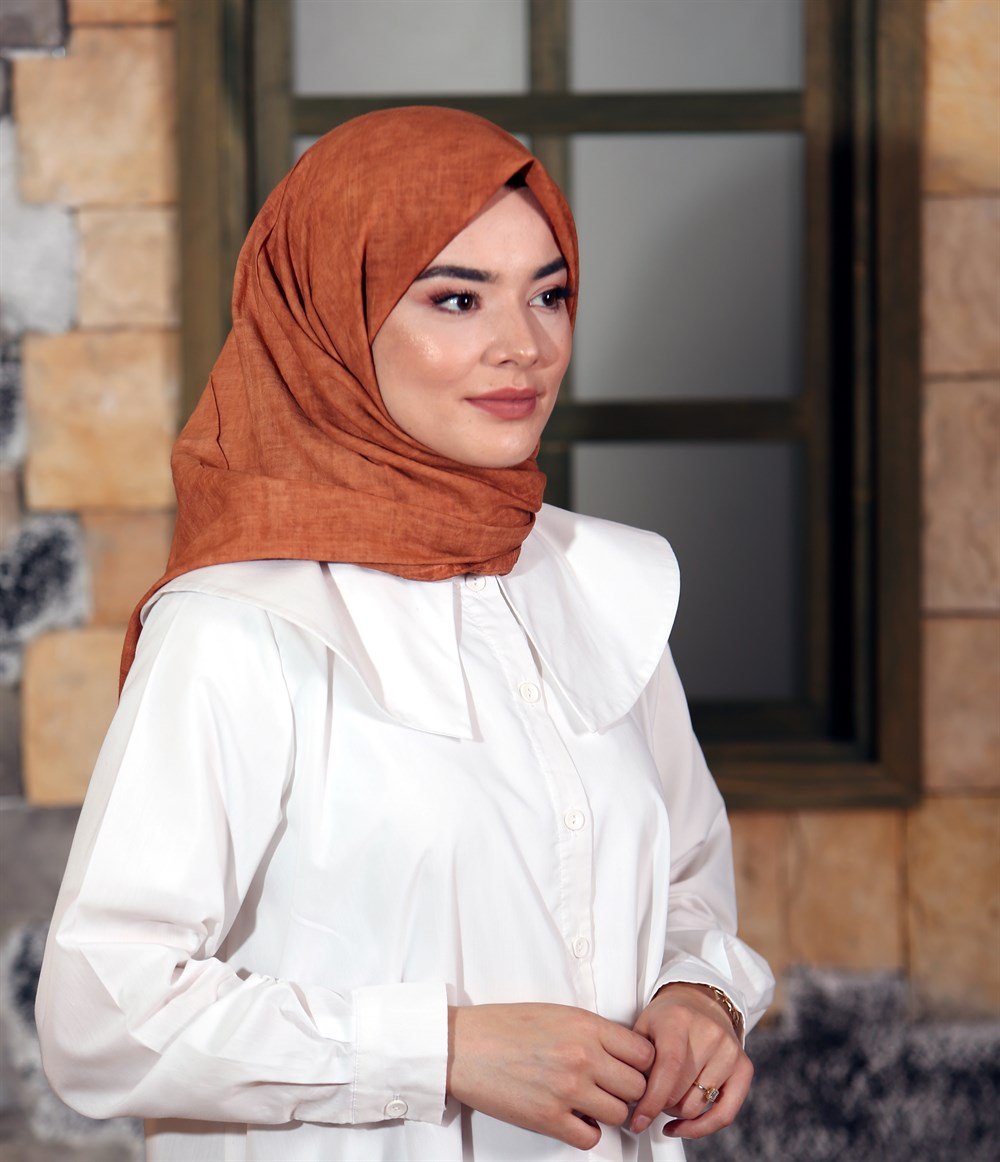 İpek Sultan Taşlanmış Pamuk Eşarp - 04 - Tarçın