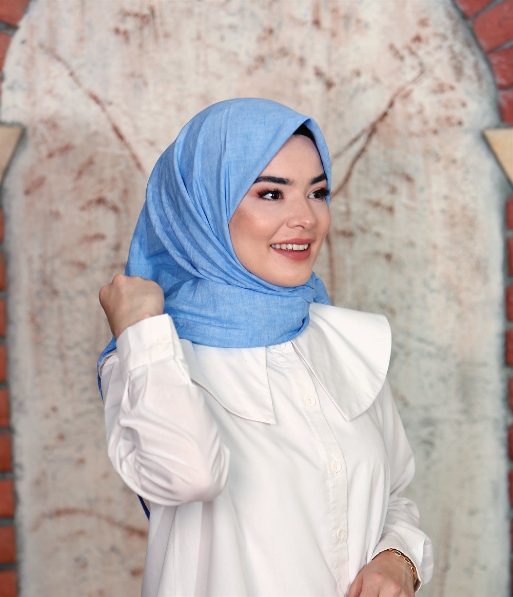 İpek Sultan Taşlanmış Pamuk Eşarp - 20 - Gök Mavisi