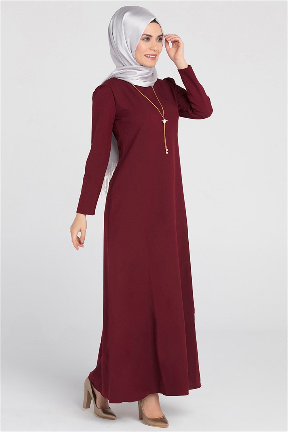 Kolyeli Elbise - Bordo - 7004