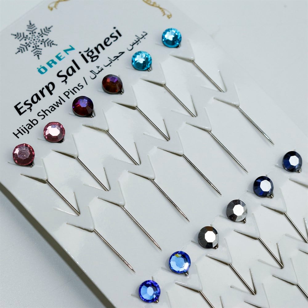 Kristal Taşlı Eşarp, Şal İğnesi - Çok Renkli - 12 Adet