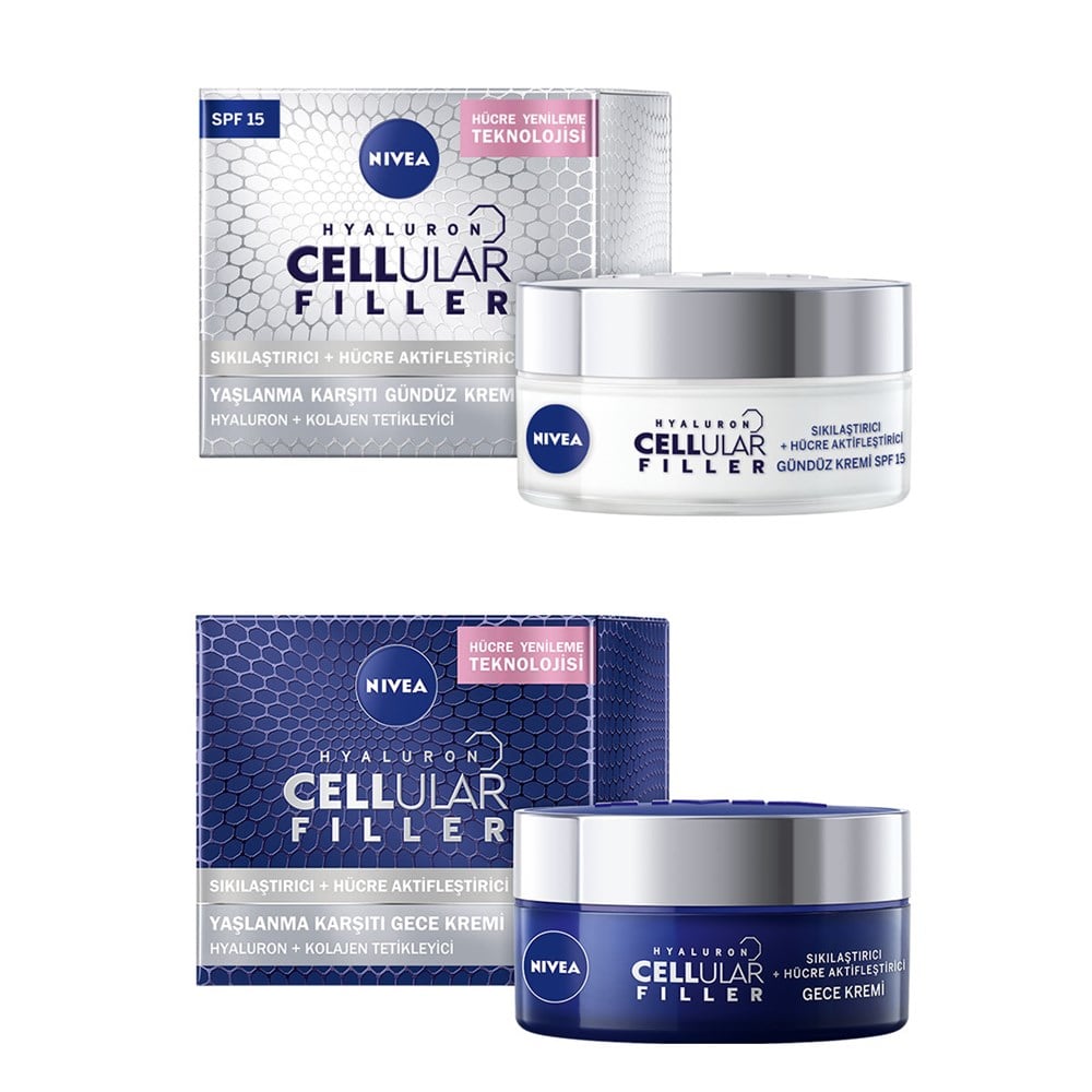 NIVEA Hyaluron Cellular Filler Yaşlanma Karşıtı Sıkılaştırıcı Gündüz Kremi Spf15 50ml+ Gece Kremi 50ml