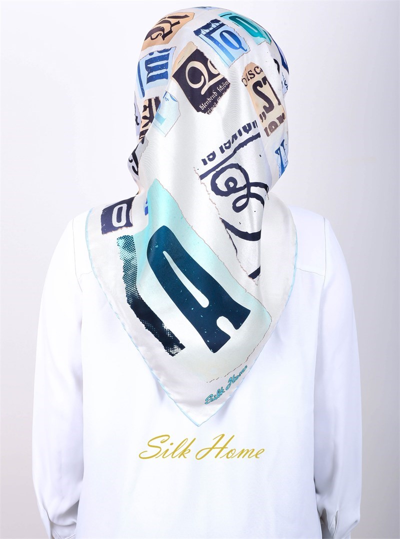 Silk Home Tivil İpek Eşarp - SLK-A10 - Vintage Harf Deseni, Beyaz