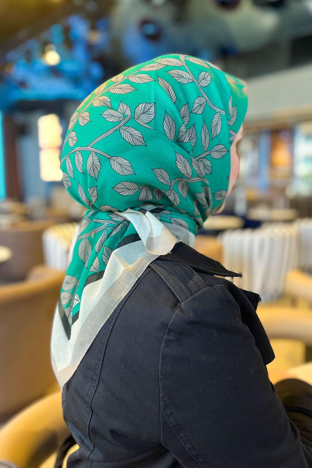 Sultan Fresh Pamuk Eşarp - SFE006-08 - Yaprak Desen - Yeşil, Krem 