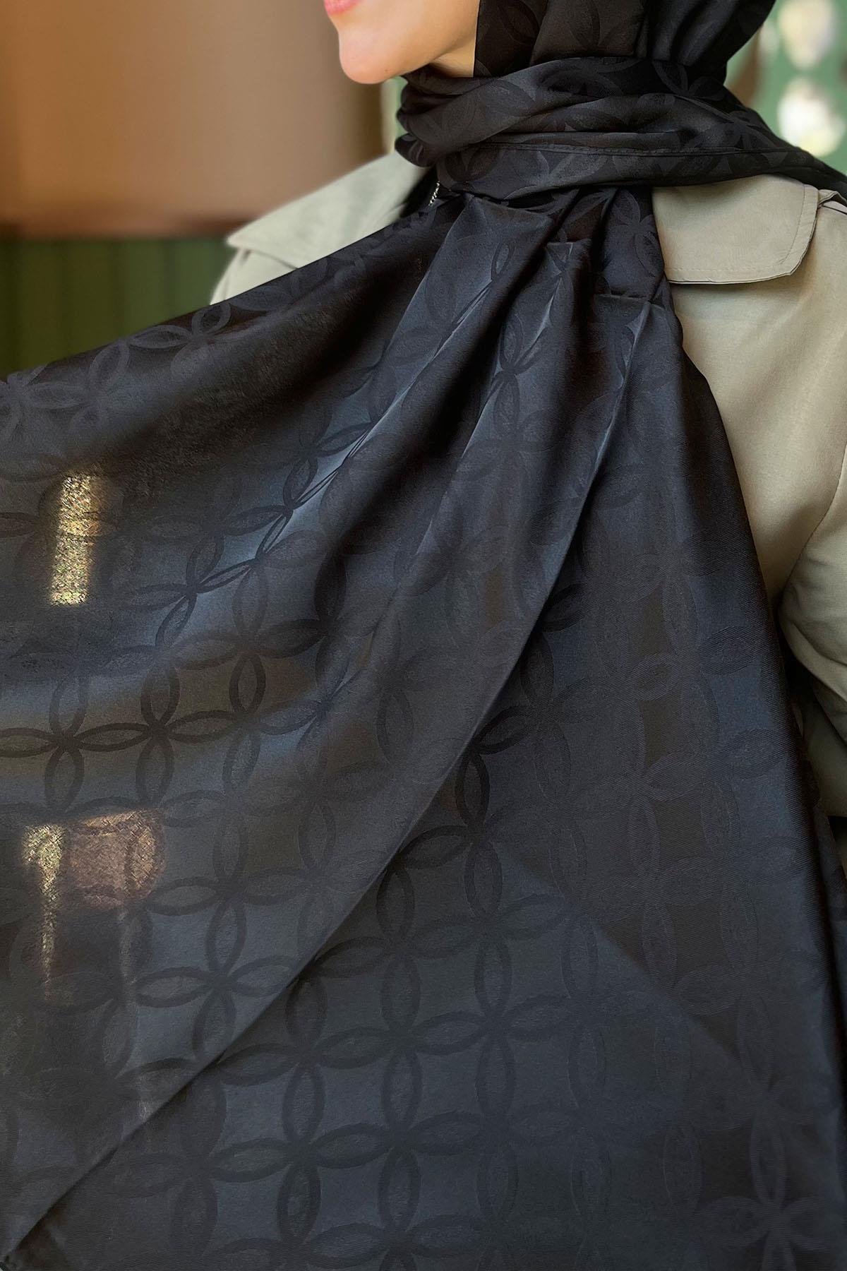 Sultan Jakarlı Şal - Çiçek Desen - SLJ001-01 - Siyah