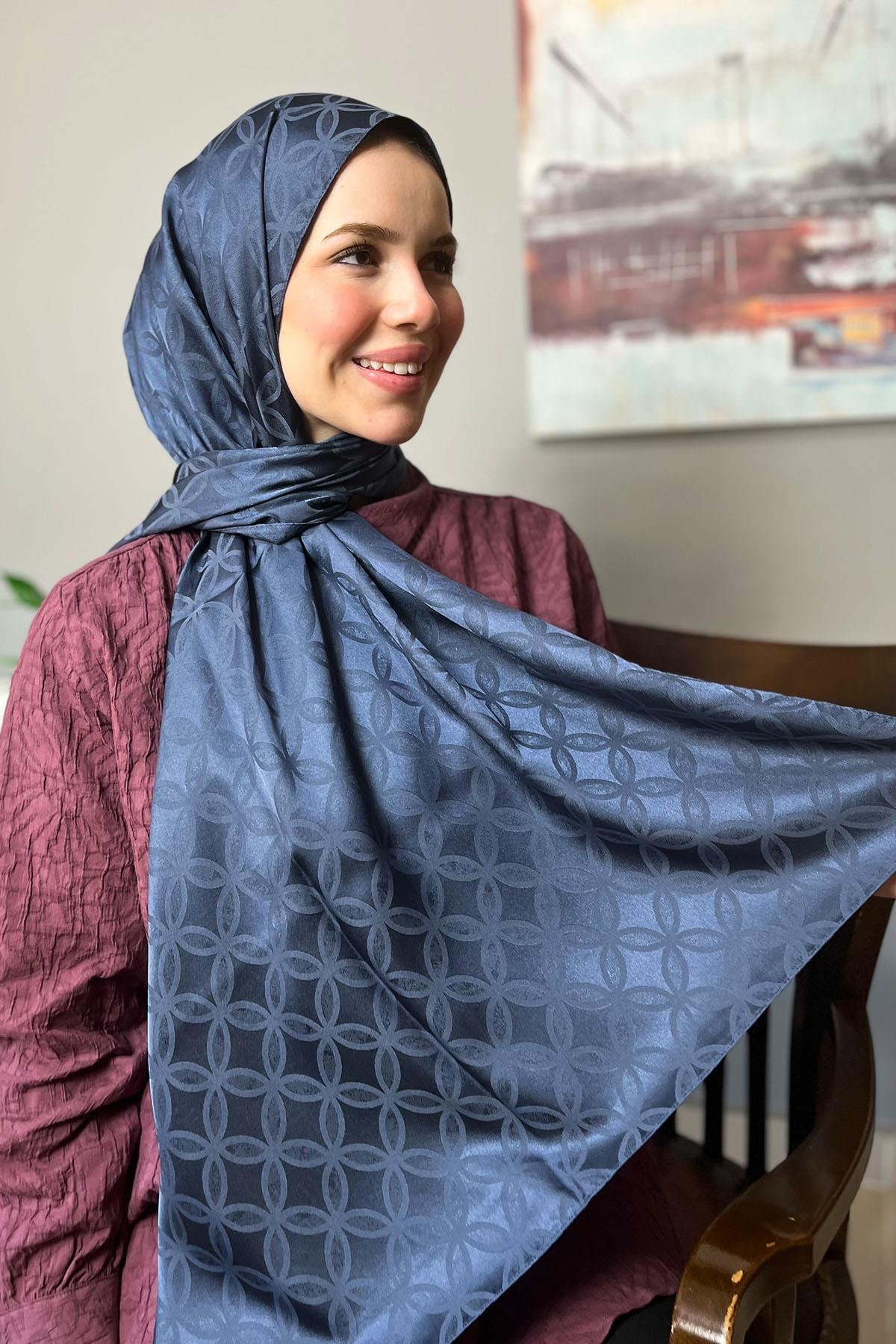 Sultan Jakarlı Şal - Çiçek Desen - SLJ001-04 - İndigo