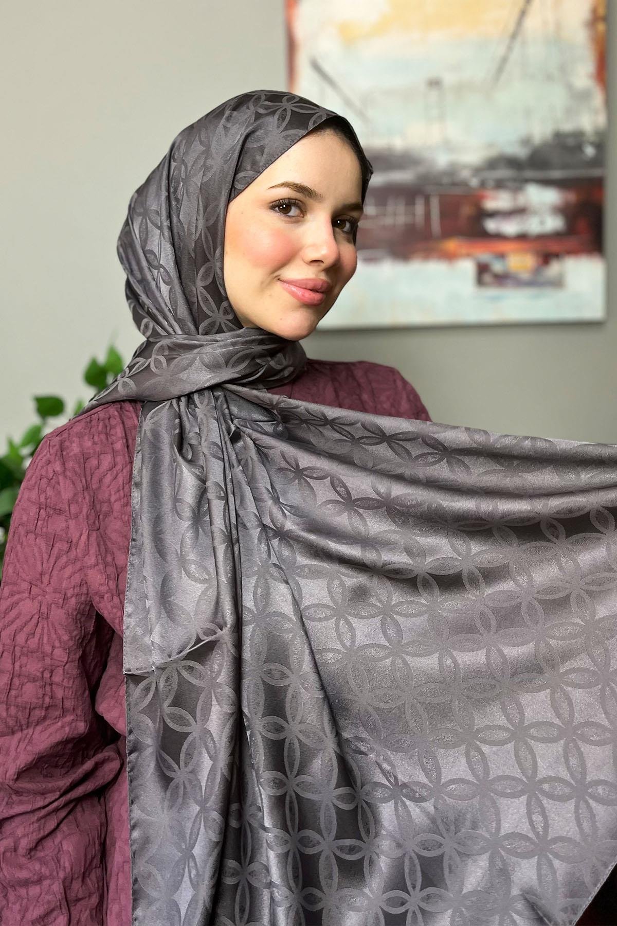 Sultan Jakarlı Şal - Çiçek Desen - SLJ001-18 - Antrasit