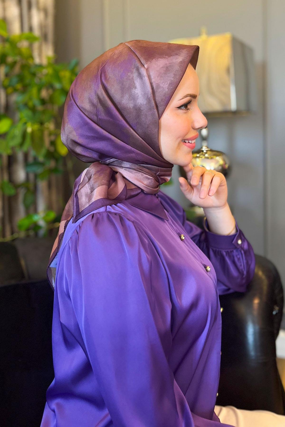 Sultan Kristal Eşarp - Bulut Desen - SKE94 - Mor, Kahve