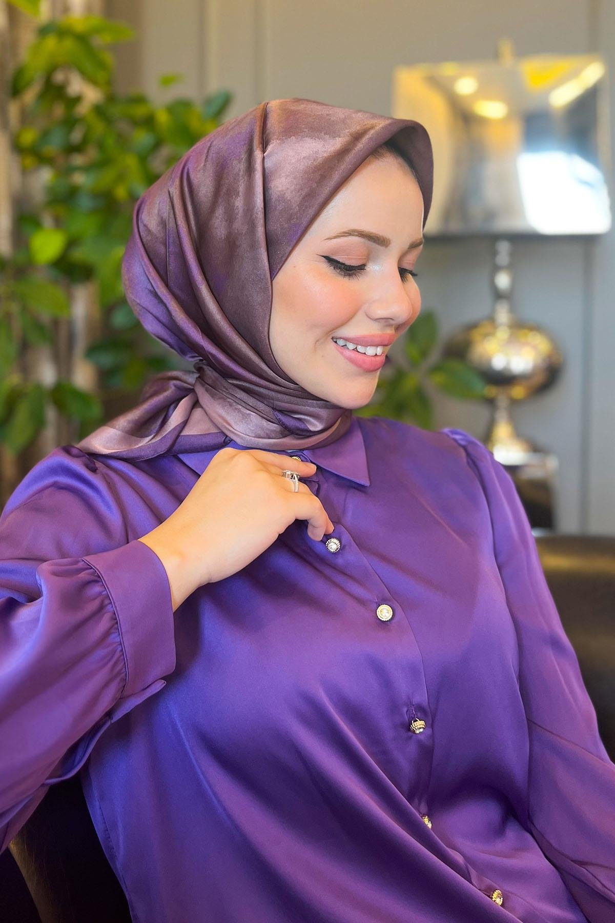 Sultan Kristal Eşarp - Bulut Desen - SKE94 - Mor, Kahve