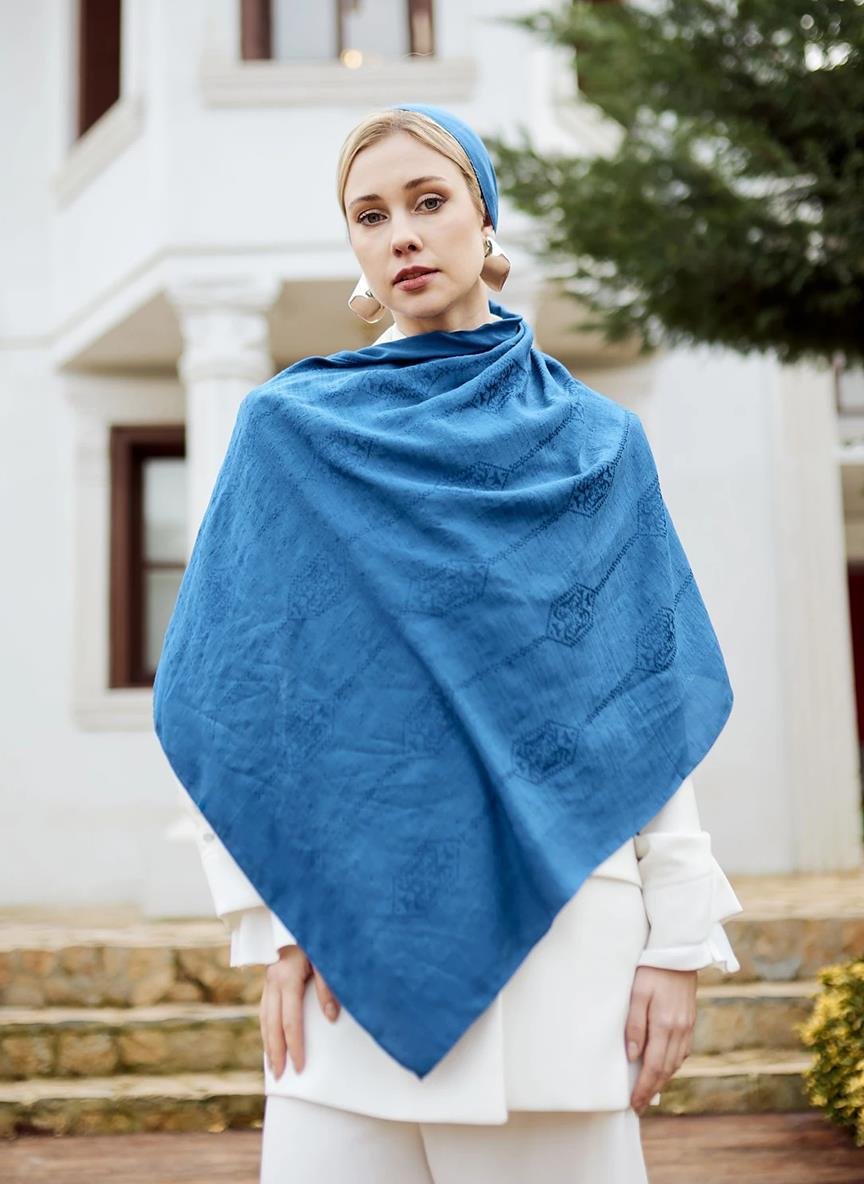 Valentino Orlandi Siena, Jakarlı Şal - Motif Desen - 14 - Mavi