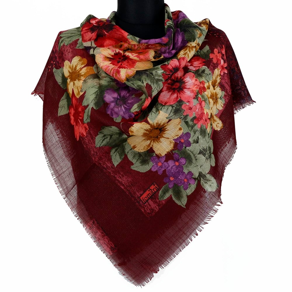 Vertu Bahar Çiçekleri Desenli Simli Flamlı Eşarp - 01 Vişne Çürüğü